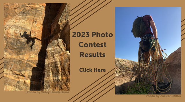 Two Photos - Left photo (by Wiley Hundertmar): climber shadow on rock. Right photo (by Zackari Miller): climber walking away from camera with rope and gear