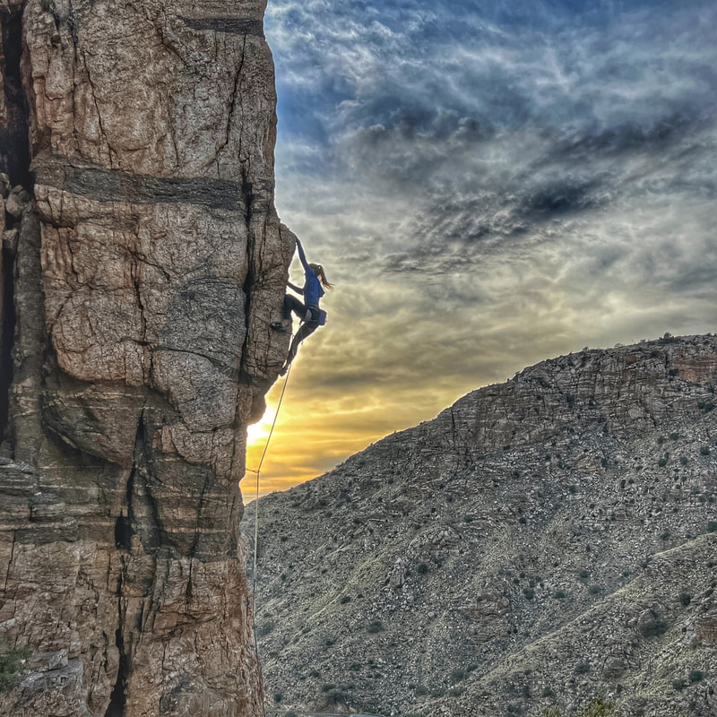 climber Emily Clark on the crux bulge of Huggin’ the Chubby at the Wall of the Flying Scorpions on lower Mount Lemmon