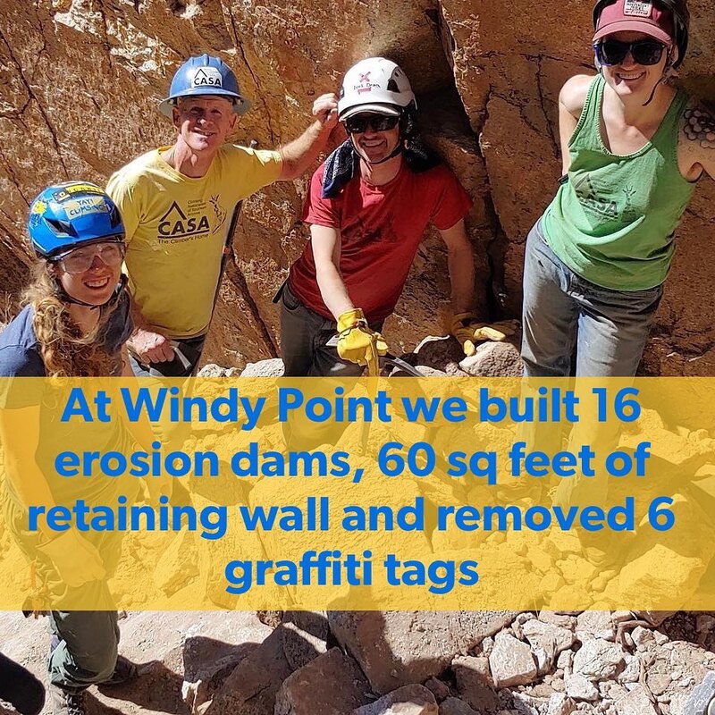 At Windy Point, built 16 erosion dams, 60 sq feet retaining wall, removed 6 graffiti tags